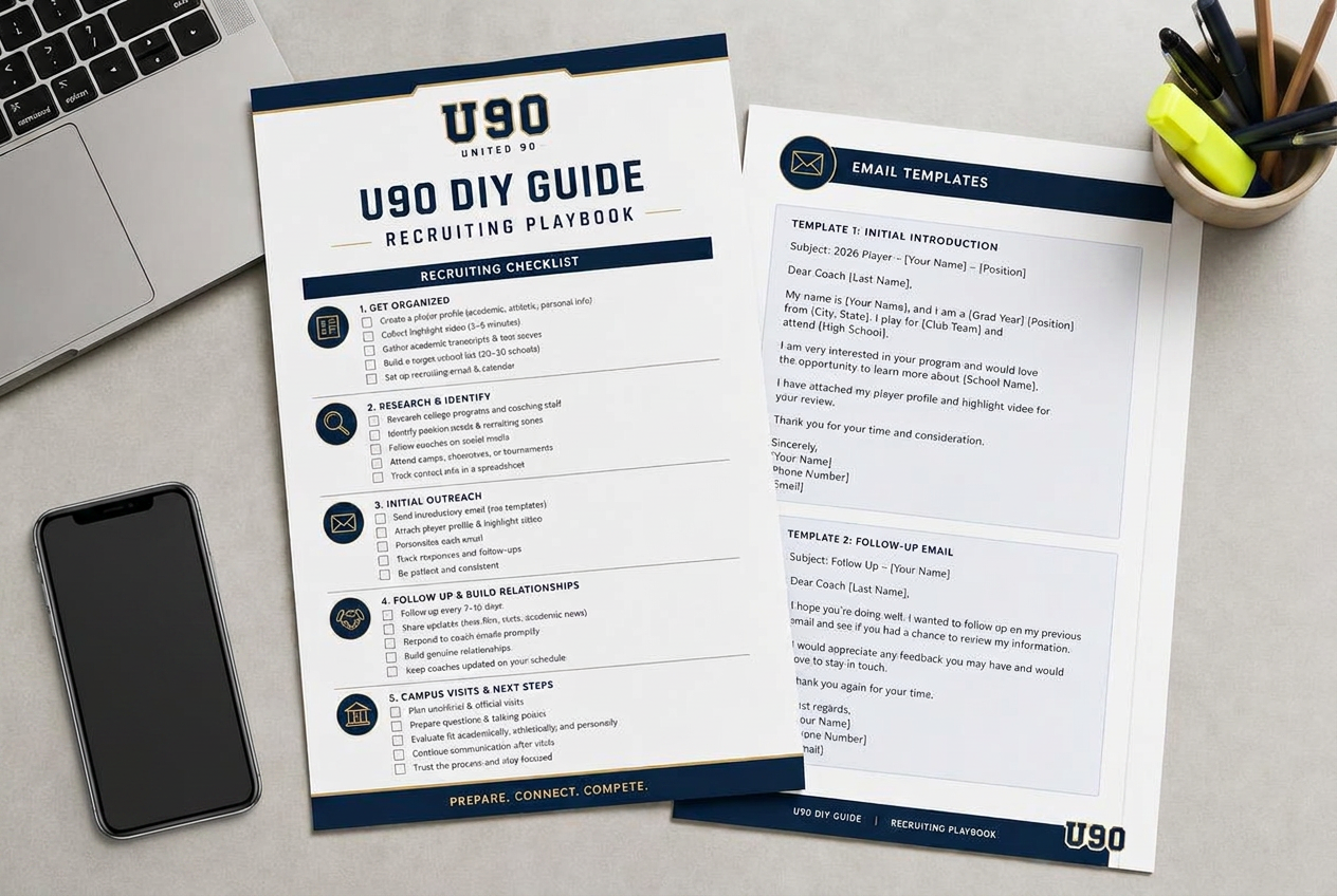 U90 DIY Guide pages showing recruiting checklist and coach email templates