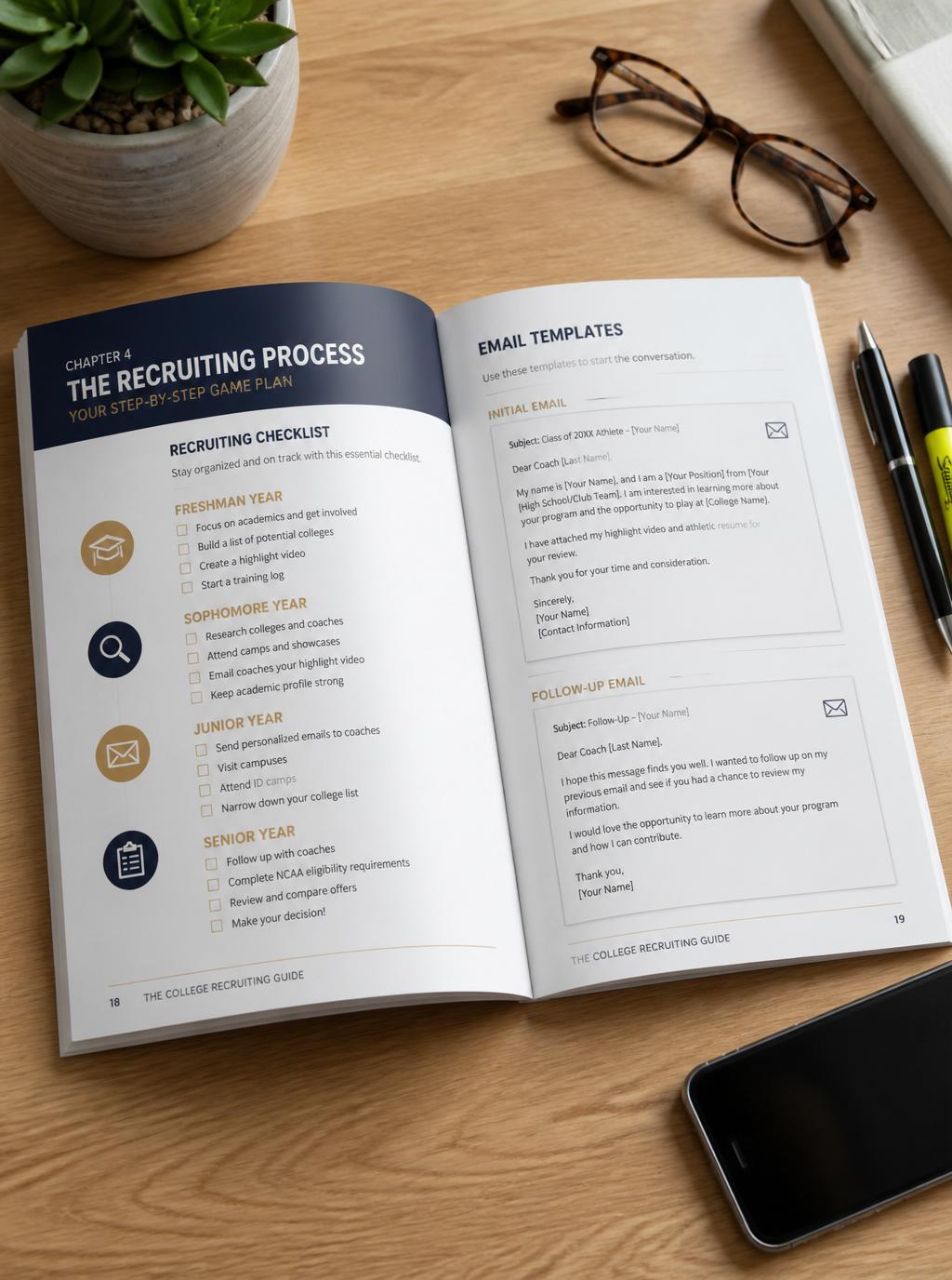 U90 DIY Guide open on a desk showing recruiting checklist and email templates