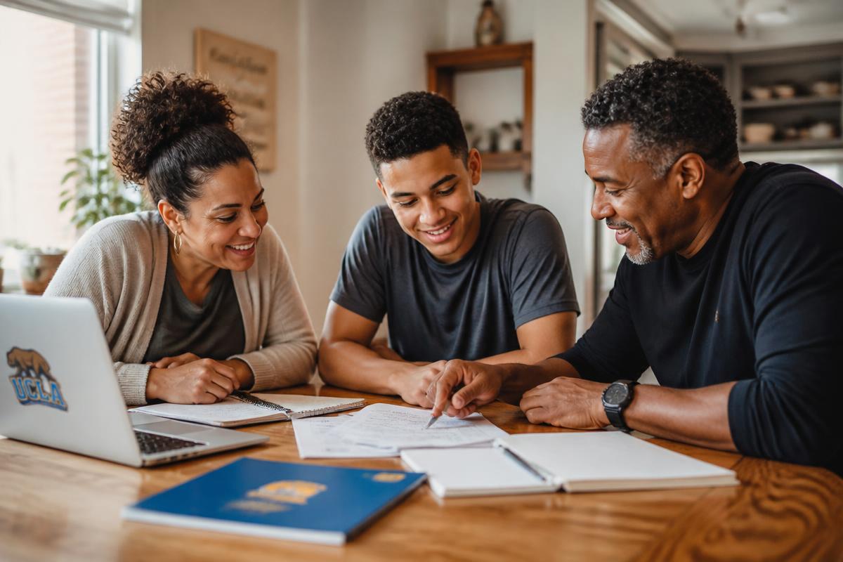 Family and student-athlete planning recruiting at a kitchen table