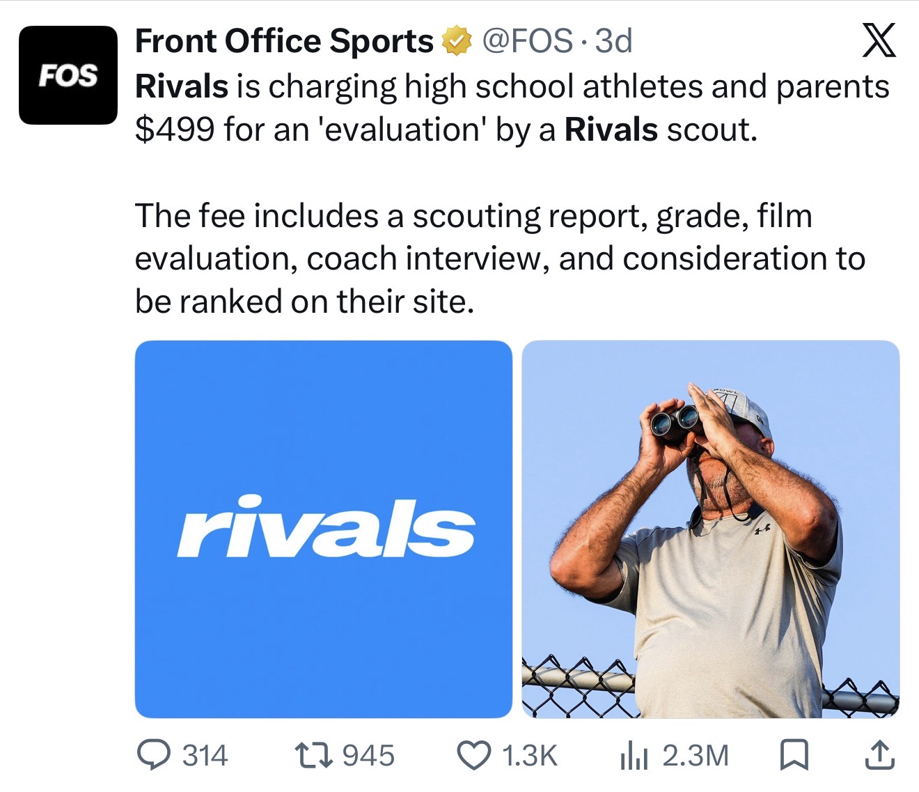 Front Office Sports post: Rivals is charging high school athletes and parents $499 for an 'evaluation' by a Rivals scout — the fee includes a scouting report, grade, film evaluation, coach interview, and consideration to be ranked on their site.
